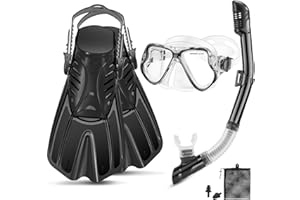 PIYAZI Mask Fins Snorkel Set, Snorkeling Gear for Adults with Panoramic View Mask, Dry Top Snorkel, Adjustable Short Fins and Travel Bag, Adults Snorkel Set for Swimming Snorkeling Diving