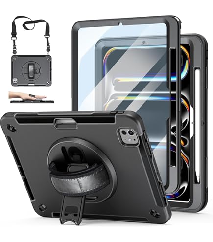 Shockproof Case For Apple IPad Pro 13 M4 2024, Build In Pencil Holder Rotating Stand Shoulder Strap Bumper Shockproof Rugged Kids Friendly Case Cover Ipad Pr