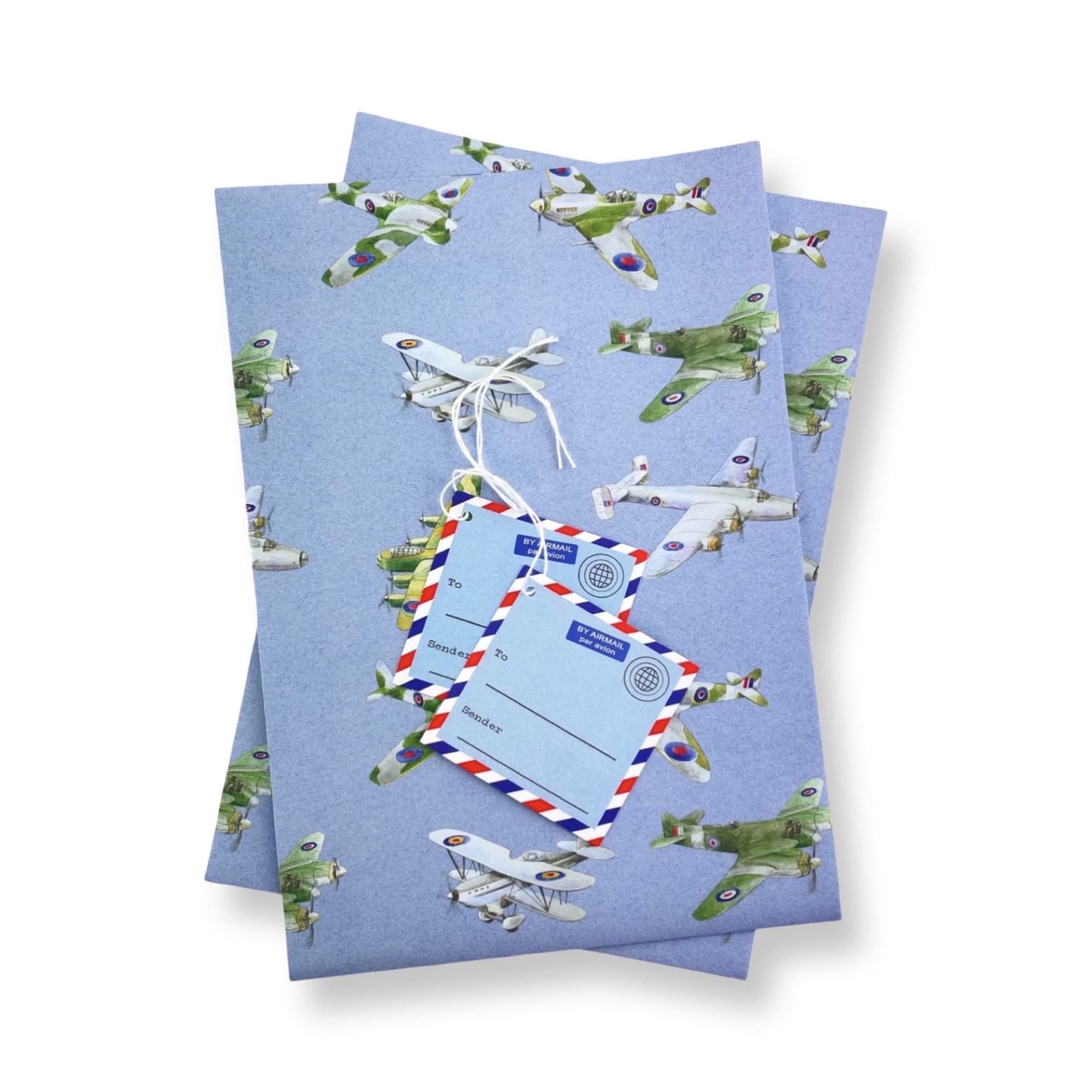 Plane Airplane Aeroplane recycled and recyclable eco printed gift wrap; 2 Sheets Plus Two 'Airmail' Gift Tags - Birthdays, Father's Day, Christmas, Arts and Crafts Projects