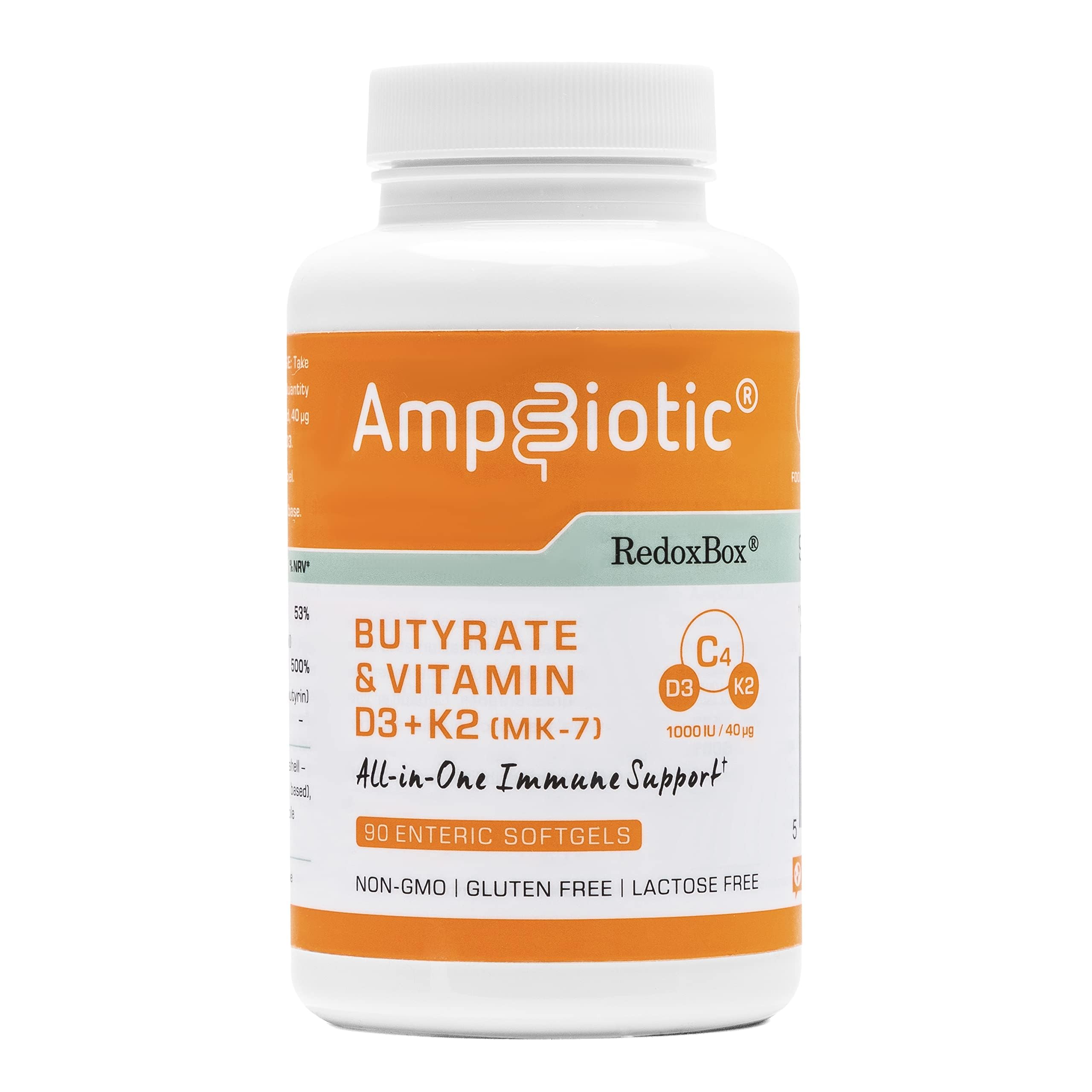 RedoxBox AmpBiotic Supplement | Butyrate, Vitamin D3 1000 IU & K2 MK-7 40μg | Gut Microbiome & Immune Support | Non-GMO, Gluten & Lactose Free | 90 Enteric Softgels