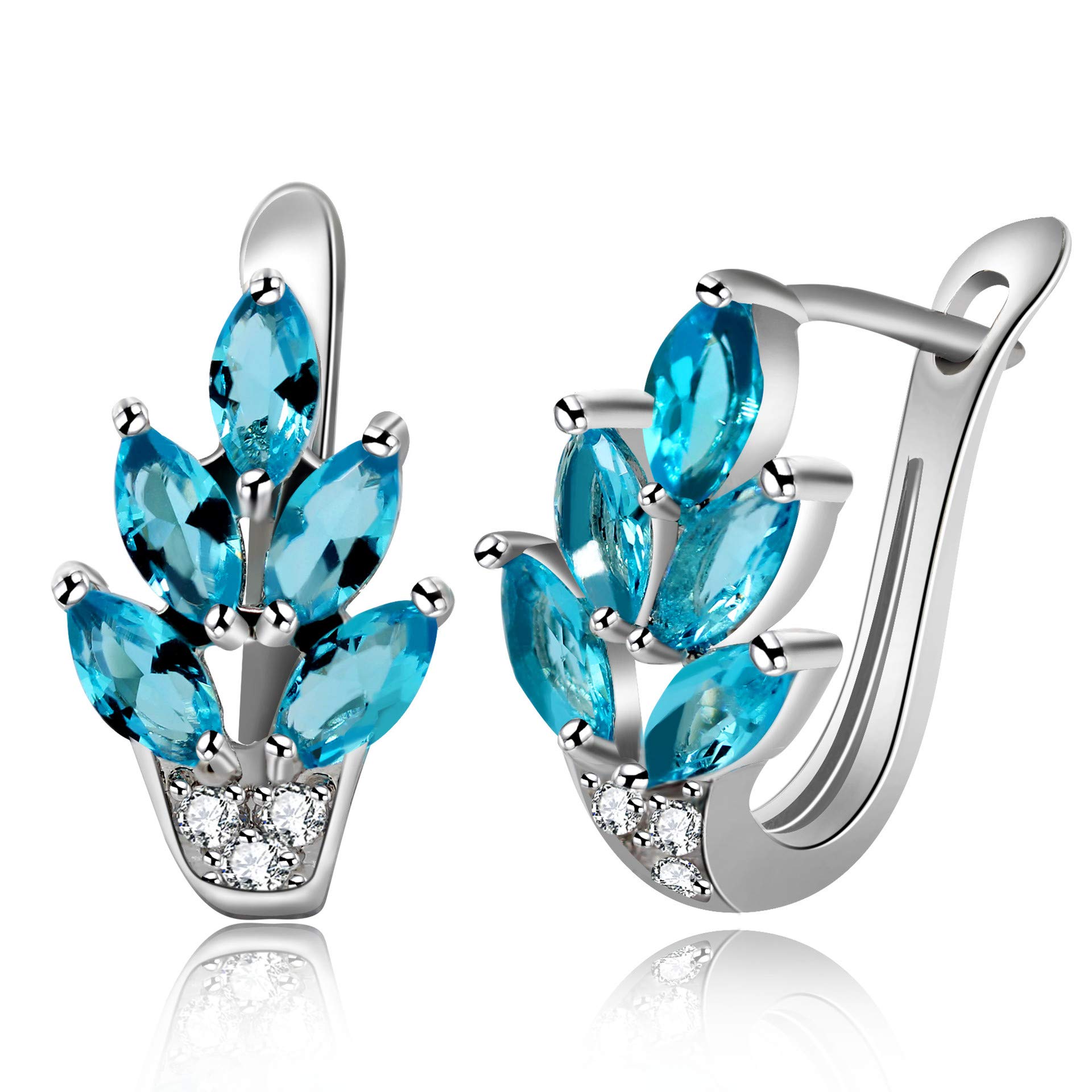 Uloveido Women Blue Cubic Zirconia Leaf Earrings Platinum Plated U Hoop Earrings Valentine's Gifts for Girls Y337 (Blue)