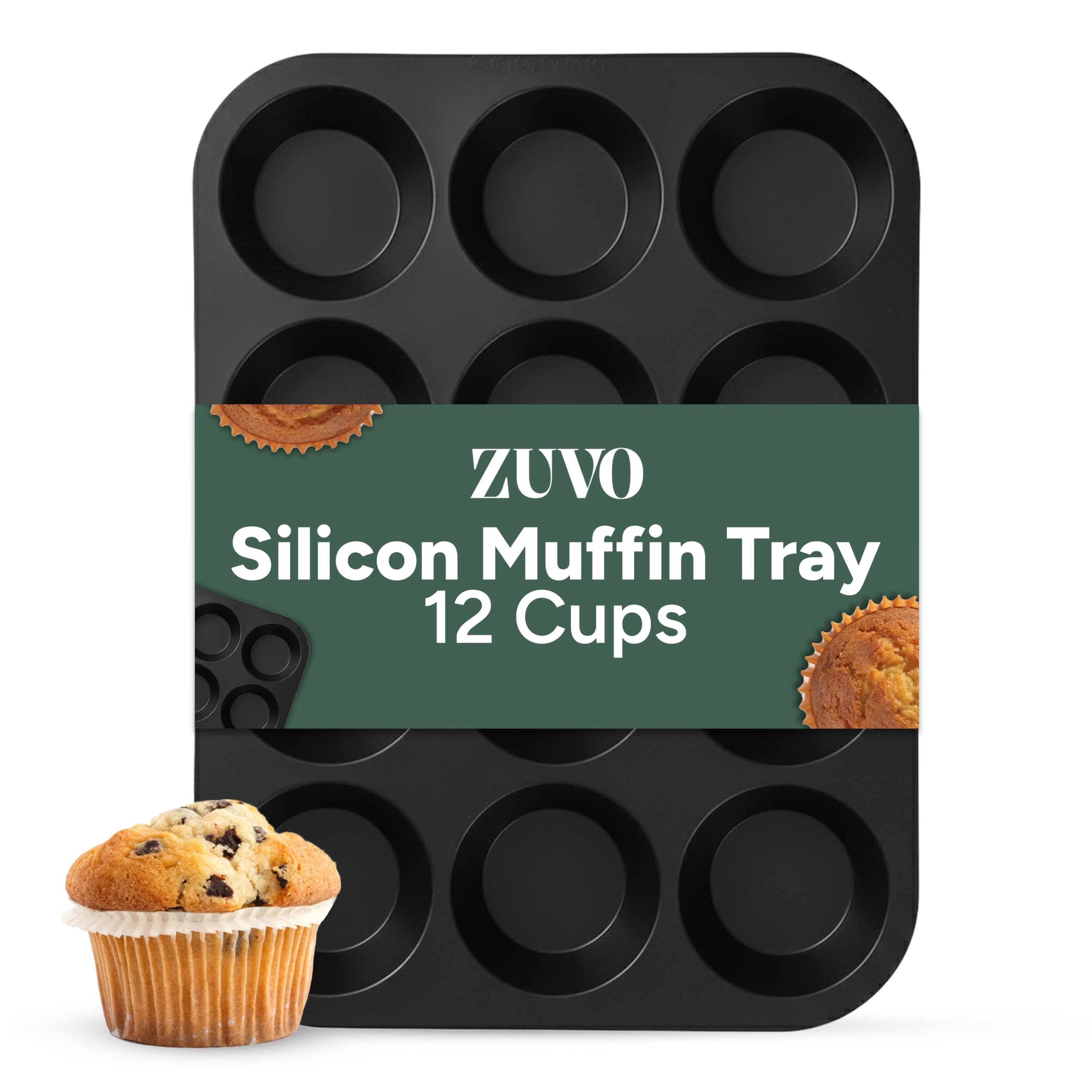 Zuvo Silicon Muffin Tray 12 Cups - Non Stick Black Baking Mold for Cupcakes and Brownies (23x31cm) - Perfect Baking Tray — image 1