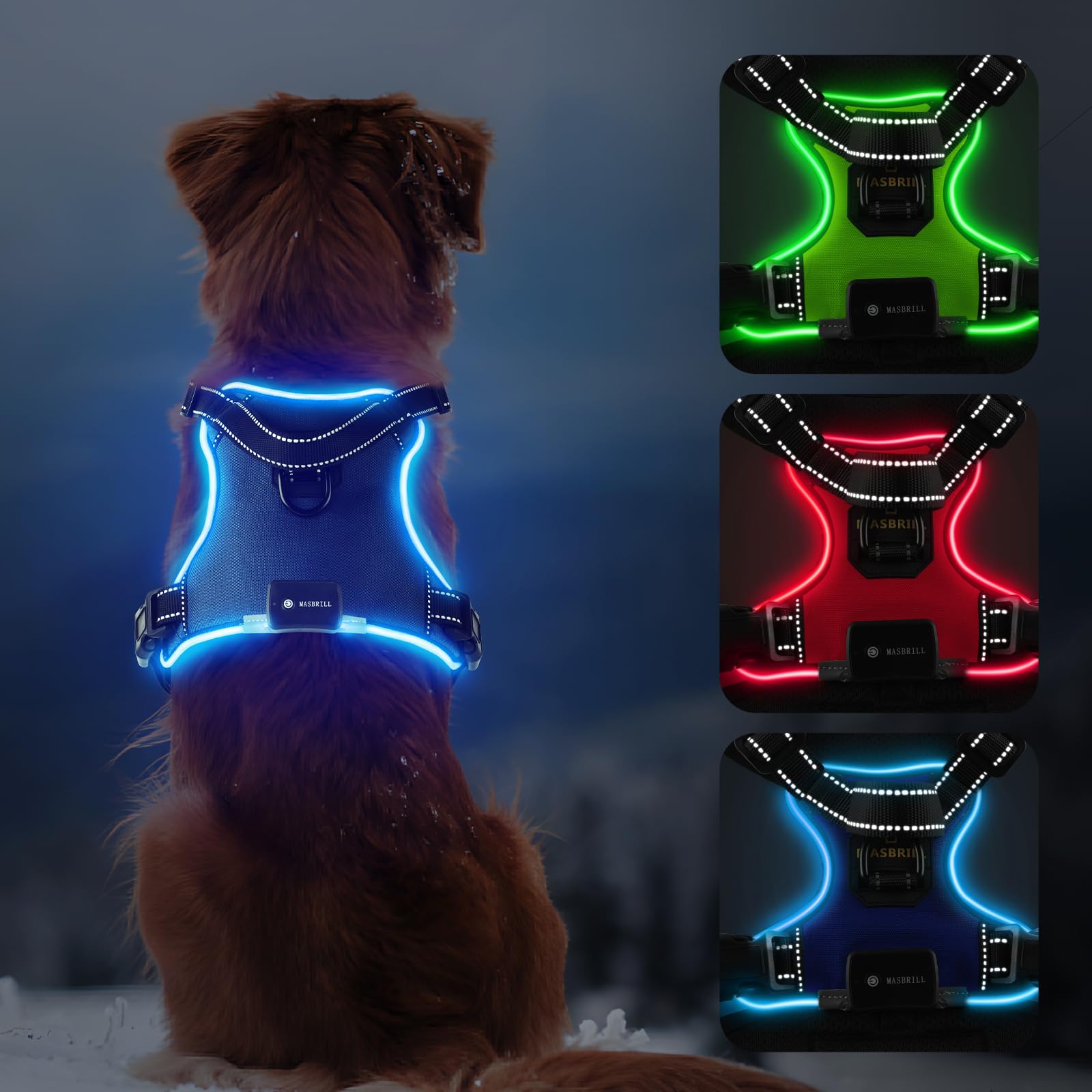 Light up Dog Harness, LED Dog Harness Rechargeable, Adjustable & Reflective Dogs Light Vest Flashing Glow in the Dark, Soft and Handle & 2 Lead Clips for Small, Medium Large Dogs(Blue XL) — image 1