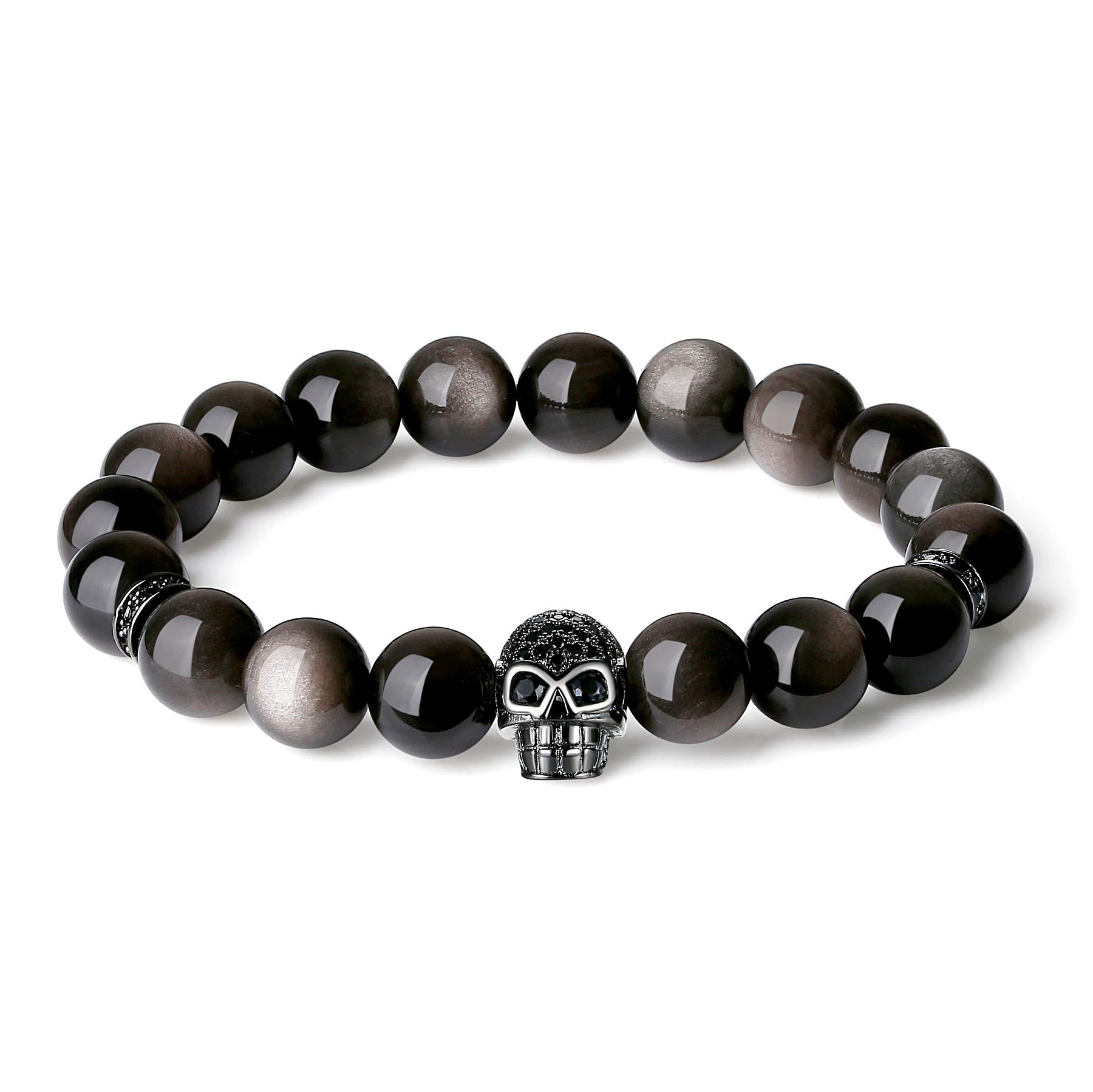 COAI Stone Beaded Bracelet Skull Bracelet Silver Sheen Obsidian Bracelet for Men Women