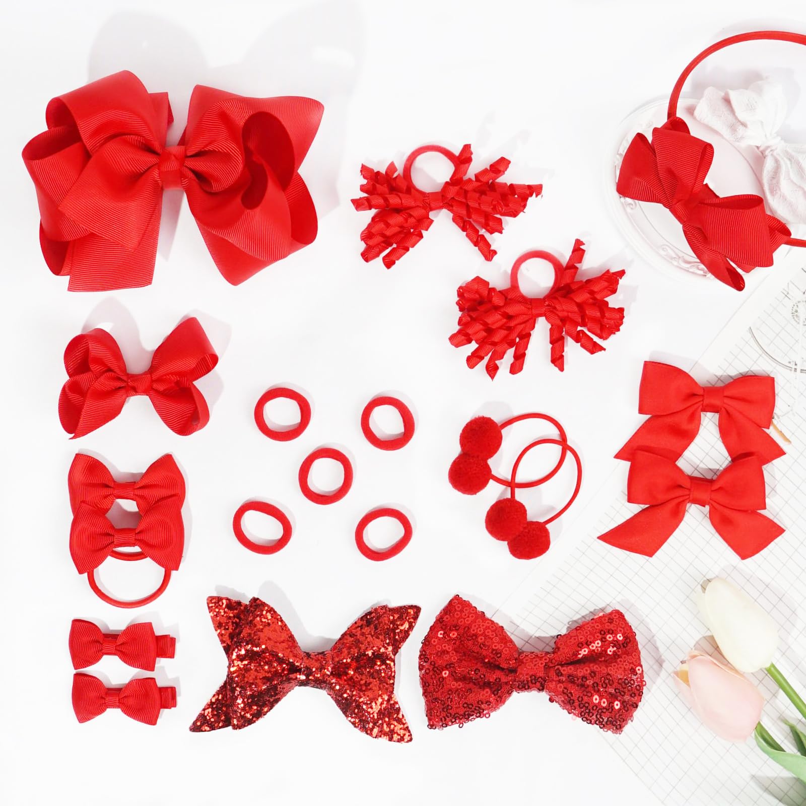 MUFEKUM 20Pcs School Girls Red Hair Accessories, Ponytail Holder Ribbon Bow Hair Barrettes for Girls Christmas Birthday Gift