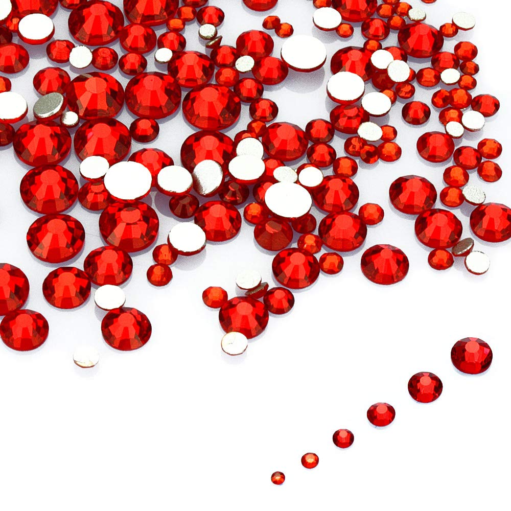 LolliBeads Resin Crystal Round Nail Art Mixed Flat Backs Acrylic Rhinestones Gems,Mix Size 1.5-5 mm, Color Siam Red (1200Pcs)