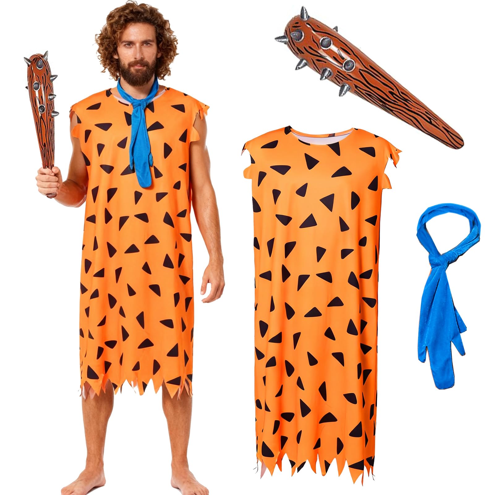 Crittygo Caveman Costume for Adults Men, Caveman Outfits with Blue Scarf, Inflatable Mace, Prehistoric Stone Age Cavemans Cosplay for Halloween Costumes Men