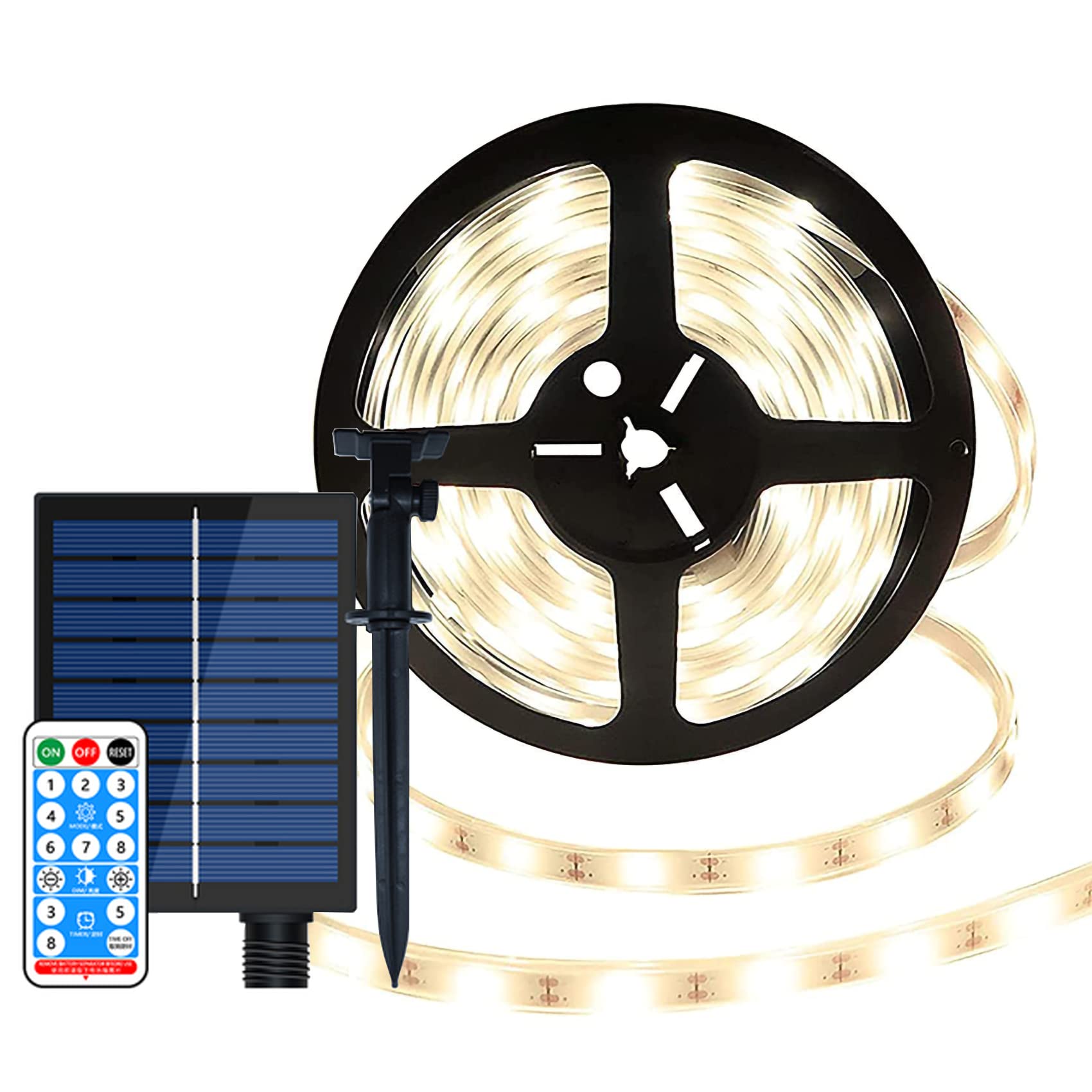 DINOWIN Solar LED Strip Lights 10M 240LED Waterproof Flexible Rope Lights 8 Modes with Remote and Timer Decorative for Steps Stairs Gazebo Pool Courtyard Christmas (Warm White)