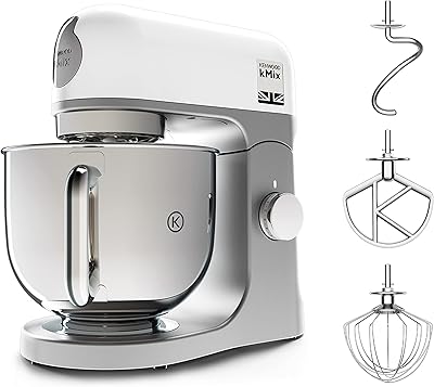 Kenwood kMix KMX750WH Küchenmaschine, 5 l Edelstahl Schüssel, Safe-Use-Sicherheitssystem, Metallgehäuse, 1000 Watt, inkl. 3-Teiligem Patisserie-Set und Spritzschutz, Weiß, Weiss