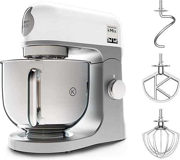 Kenwood kMix KMX750WH Küchenmaschine, 5 l Edelstahl Schüssel, Safe-Use-Sicherheitssystem, Metallgehäuse, 1000 Watt, inkl. 3-Teiligem Patisserie-Set und Spritzschutz, Weiß, Weiss
