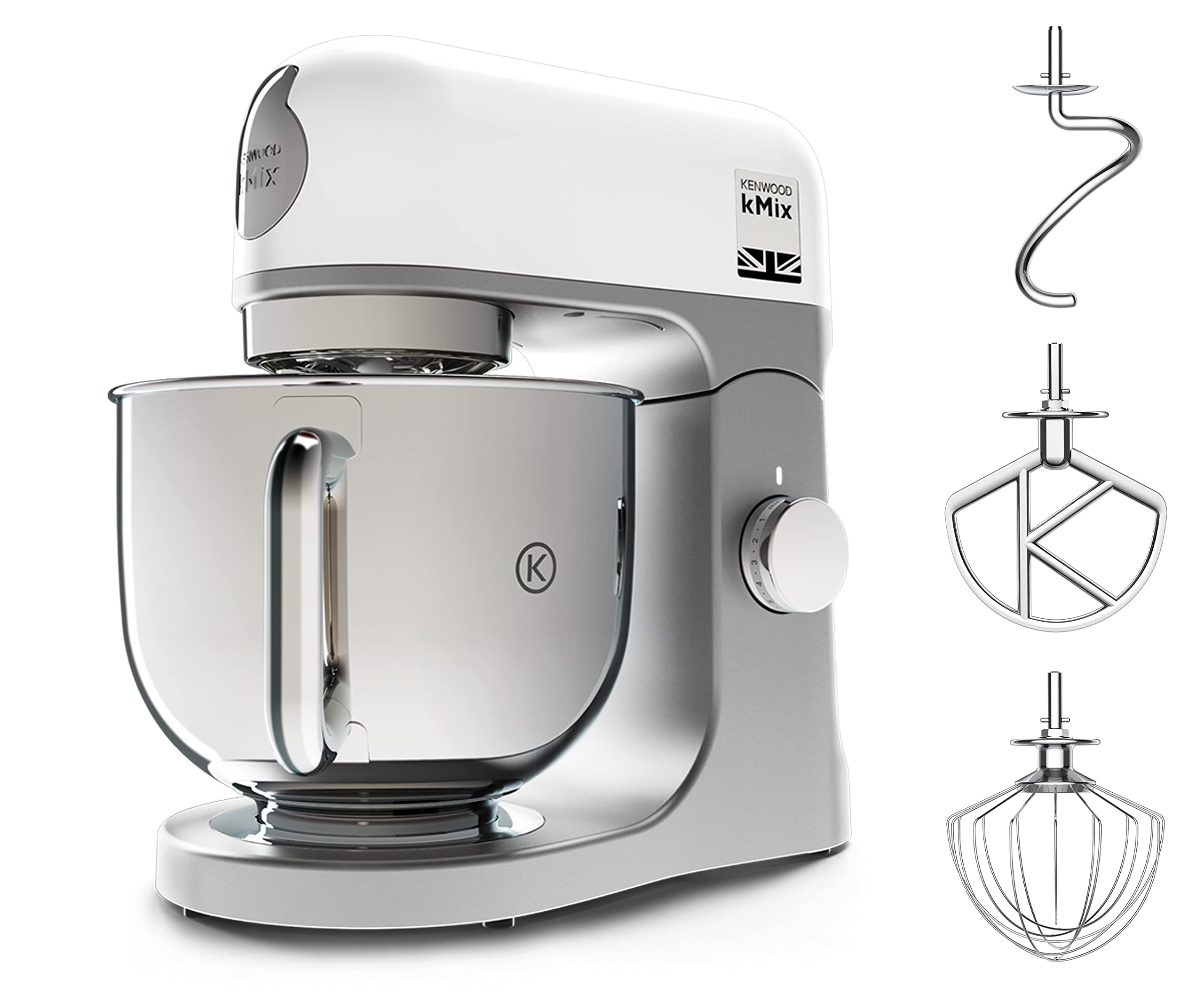 Kenwood kMix KMX750WH Küchenmaschine, 5 l Edelstahl Schüssel, Safe-Use-Sicherheitssystem, Metallgehäuse, 1000 Watt, inkl. 3-Teiligem Patisserie-Set und Spritzschutz, Weiß, Weiss