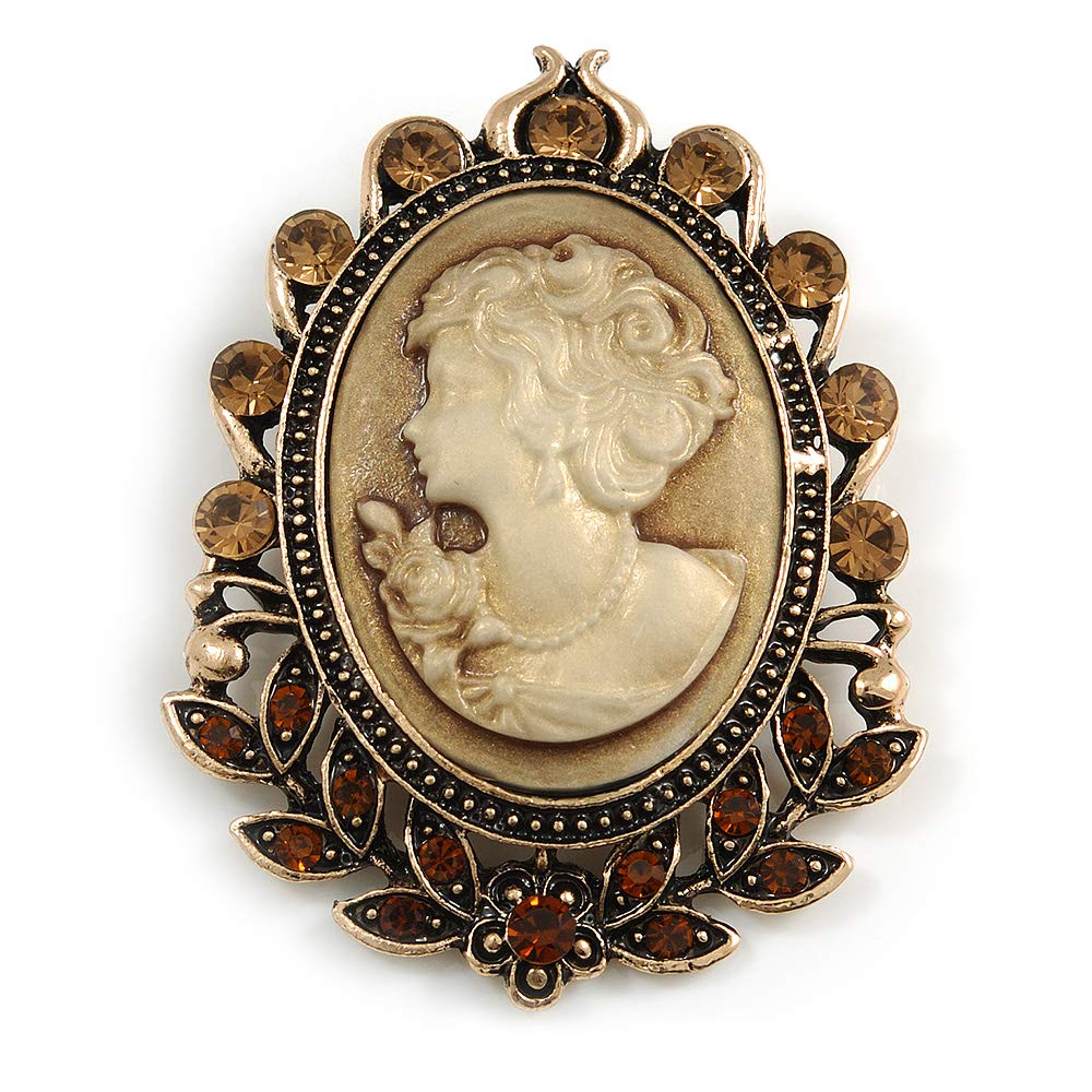Vintage Inspired Amber/Citrine Crystal Oval Beige Acrylic Cameo In Aged Gold Tone Metal - 60mm L