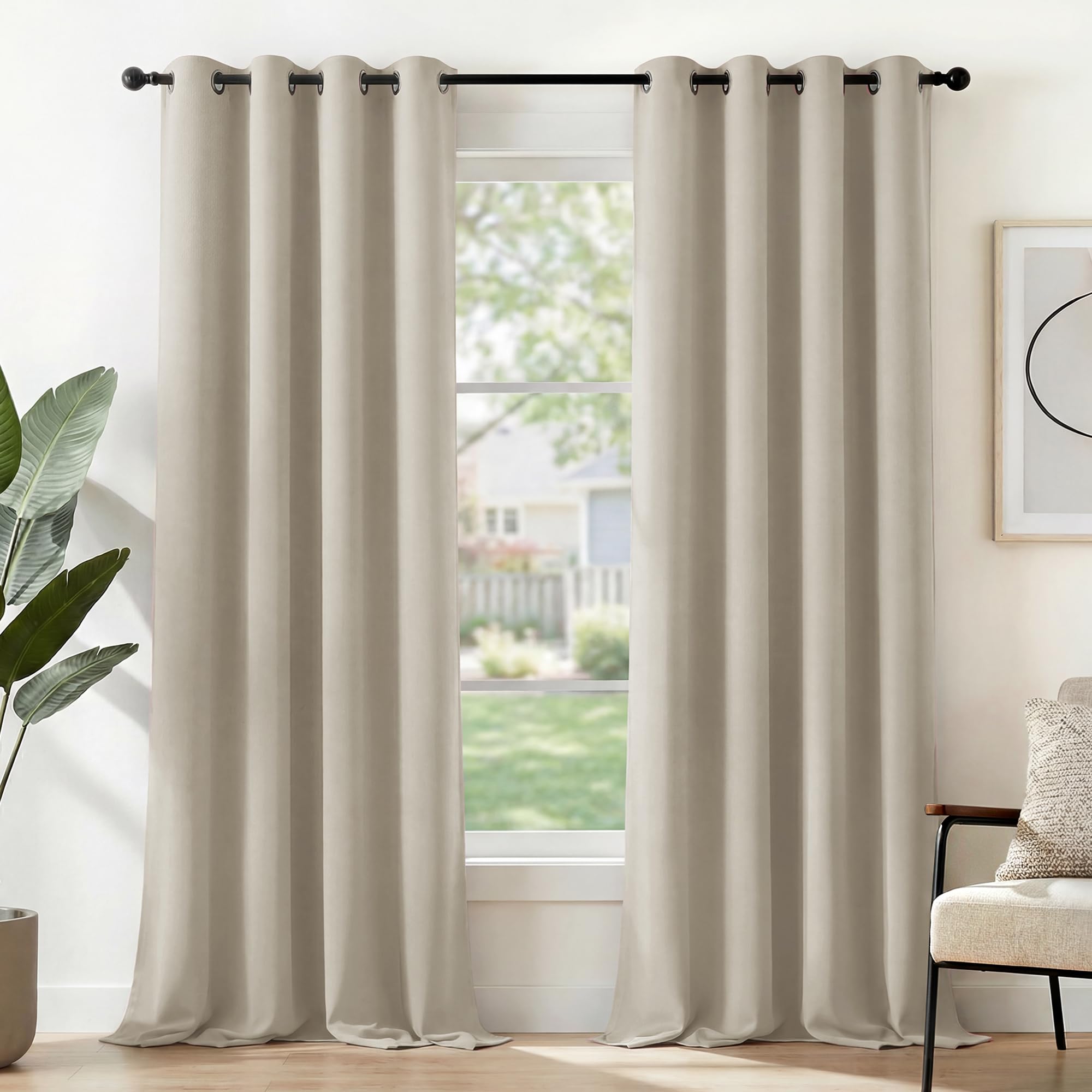 Deconovo Solid Thermal Insulated Room Darkening Curtains Eyelet Fabric Window Curtains for Living Room, 52"x 95", Light Beige, 1 PAIR