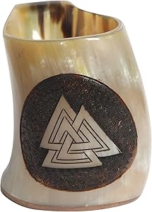 Viking Ox Horn Drinking Mug – Unique Medieval Inspired Mug – 100% Authentic Drinking Horn Mug with Food-Safe Coated Interior (Valknut - 6.5 inches)