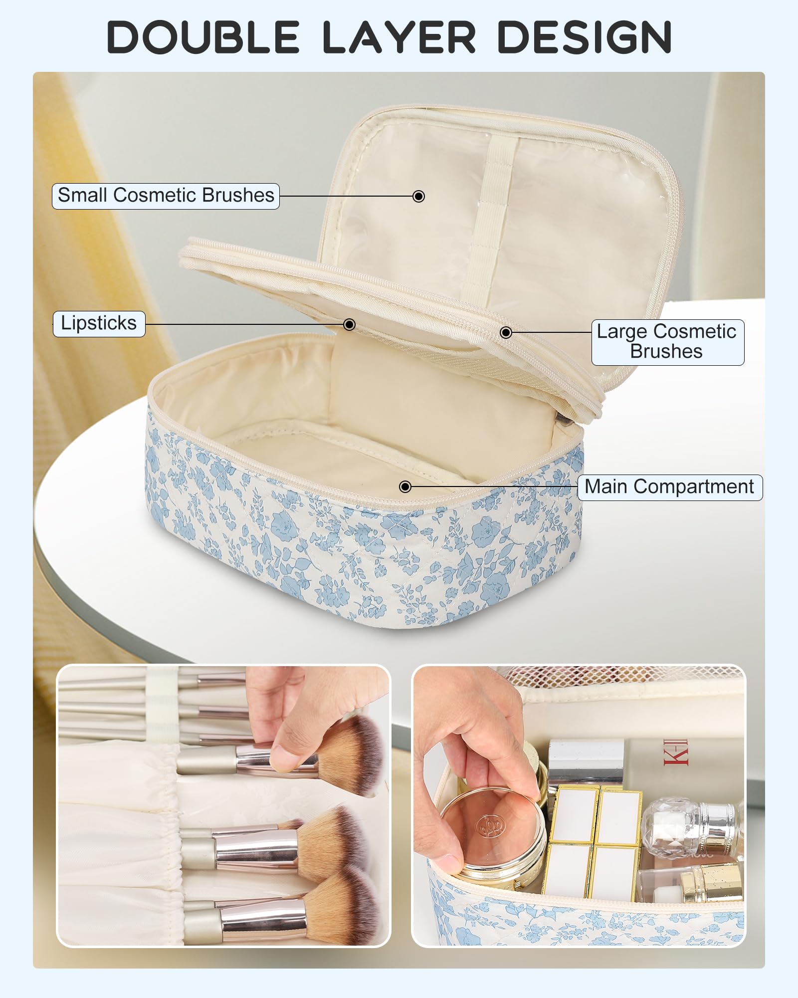 Relavel Travel Makeup Bag, Small Floral Cosmetic Bag with Makeup Brush Compartment, Portable Makeup Pouch for Women, Double Layer Makeup Organizer Bag Cute Toiletry Bag