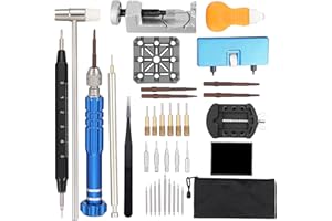 MARVLLGGOSO Watch Repair Kit with Canvas Storage Bag, Spring Bar Tool, 5-in-1 Screwdriver, Link Remover, Hammer, Case Opener, Tweezers, Watch Holder, Pry Tool, Cleaning Cloth, 15 Pins + 18 Sizes Spring Bars for Watch Battery Replacement & Band Adjustment