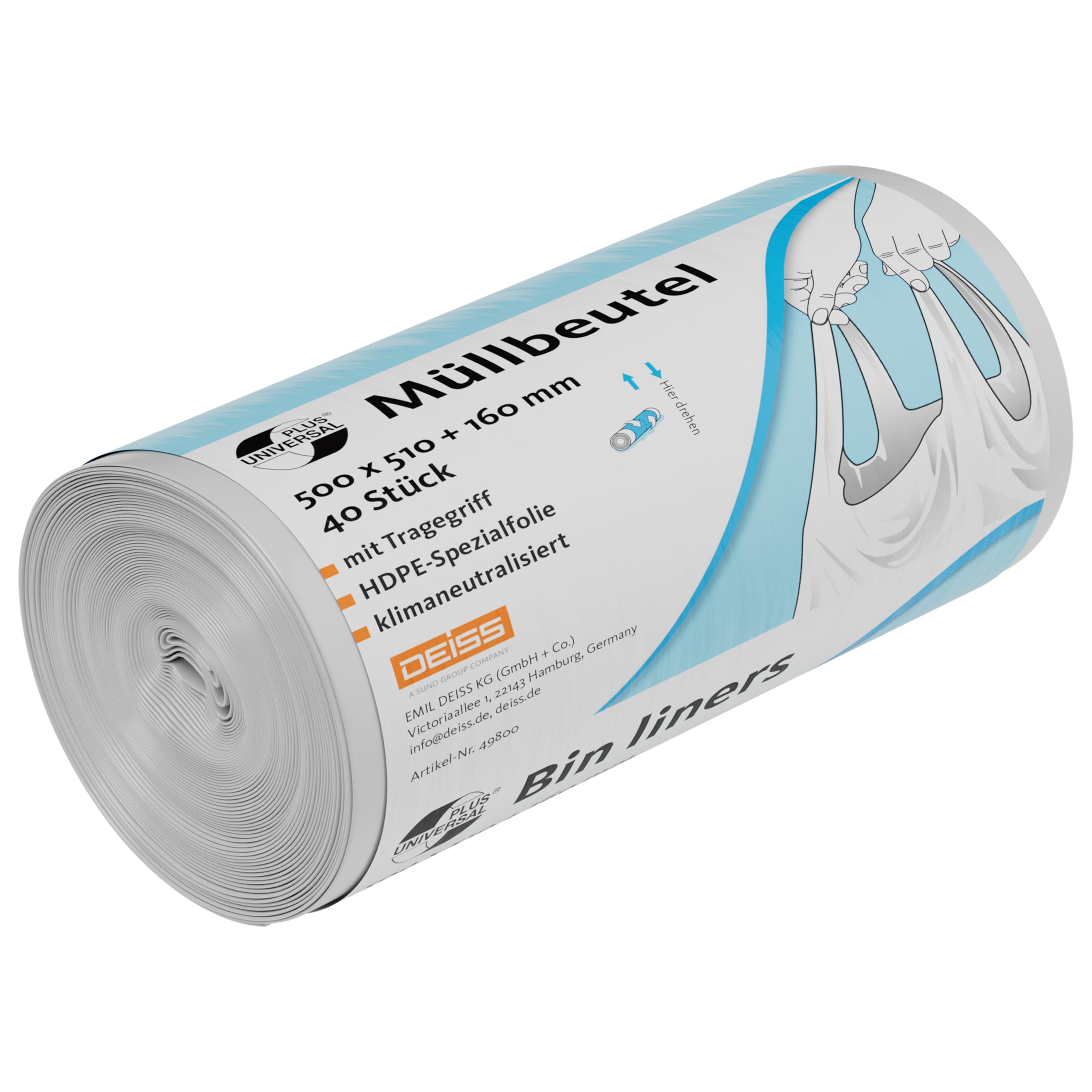 Deiss Universal 49800 Bin Liners with Carry Handle 500 mm x 670 mm x 0.012 mm Transparent (Pack of 40)