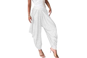 BOLLEY JOSS Women's Sequins Lantern Tapered Harem Pants Bling Trousers Baggy Slacks Sparkle Dance Palazzo Hippie Pants