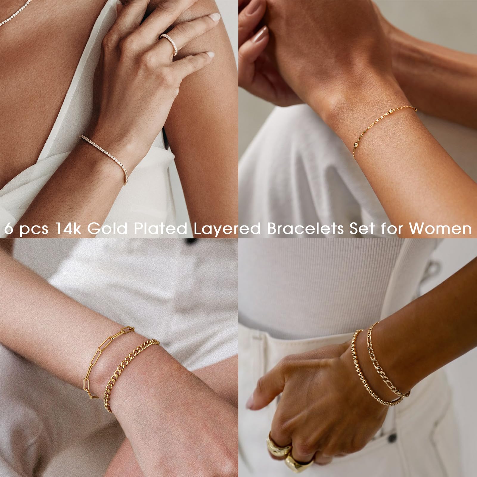 adoyi Gold Bracelets for Women, 14K Gold Plated Stackable Bracelet Stack Set Adjustable Charm Paperclip Chain Cuban Link Layered Waterproof Jewelry Sets Gifts for Womens 6.0/6.8/7.2