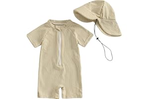 Nibbcoa Toddler Baby Boys Seersucker Short Sleeve One Piece Rash Guard Swimsuit Zipper Bathing Suit Swimwear with Hat