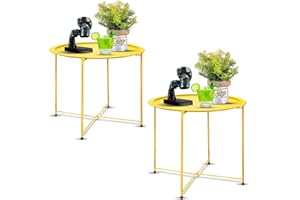 Garden 4 you End Table Set of 2, Outdoor Side Table, Small Patio Table Metal Side Table, Round Folding Side Table, for Outdoor and Living Room,Yellow