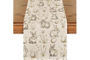 Artoid Mode Bunny Rabbit Eggs Floral 210 GSM Easter Table Runner, Seasonal Spring Flower Kitchen Dining Table Decoration for 