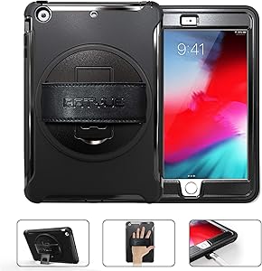 BATYUE iPad Mini 1 Case,iPad Mini 2 Case, iPad Mini 3 Case [Heavy Duty] Rugged Shockproof Protective Cover with 360 Degree Rotating Stand/Leather Hand Strap for Apple iPad Mini 1/2/3 Tablet (Black)