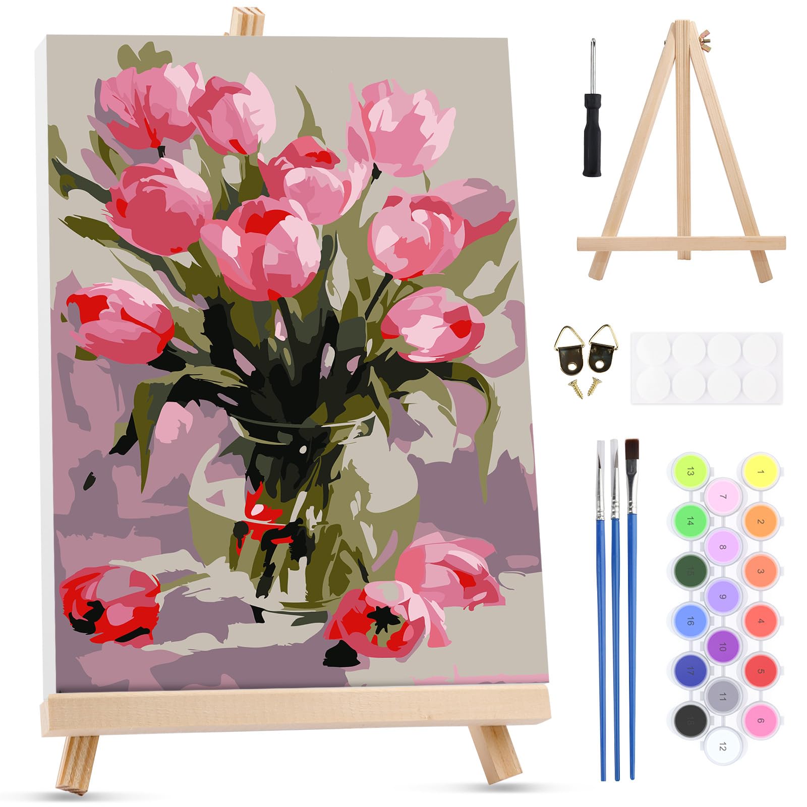 MXJSUA Pink Tulips Framed Paint by Numbers Kit for Adults Beginner with Wooden Easel, Adults' Paint-by-Numbers on Canvas, Easy DIY Acrylic Number Painting for Home Decor Gifts, 20x30cm