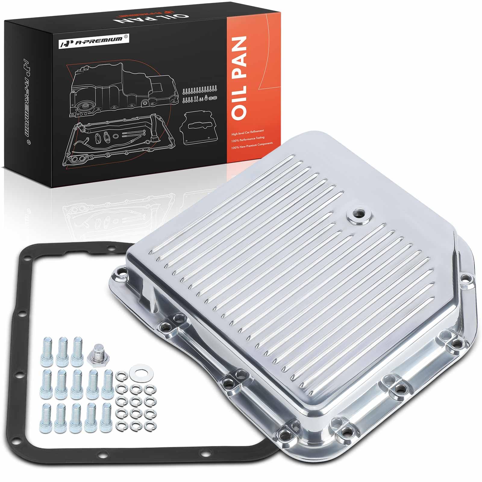 Photo 1 of A-Premium Polished Finned Aluminum Transmission Oil Pan Kit, with Plug, Gasket & Bolts, Compatible with GM TH250 TH250C TH350 TH350C, 2-1/4" Depth