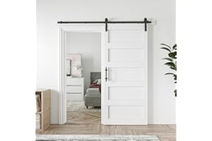 COSHOMER 36in x 84in Sliding Barn Door with 6.6ft Barn Door Hardware Kit & Handle, Pre-Drilled Holes Easy Assembly -Solid Barn Door Slab Covered with Water-Proof PVC Surface, White, 5 Panel