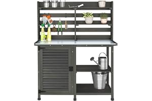 GDLF Potting Bench Table Large Garden Outdoor Work Bench Metal Tabletop Workstation with Storage Cabinet Shelf Dark Grey