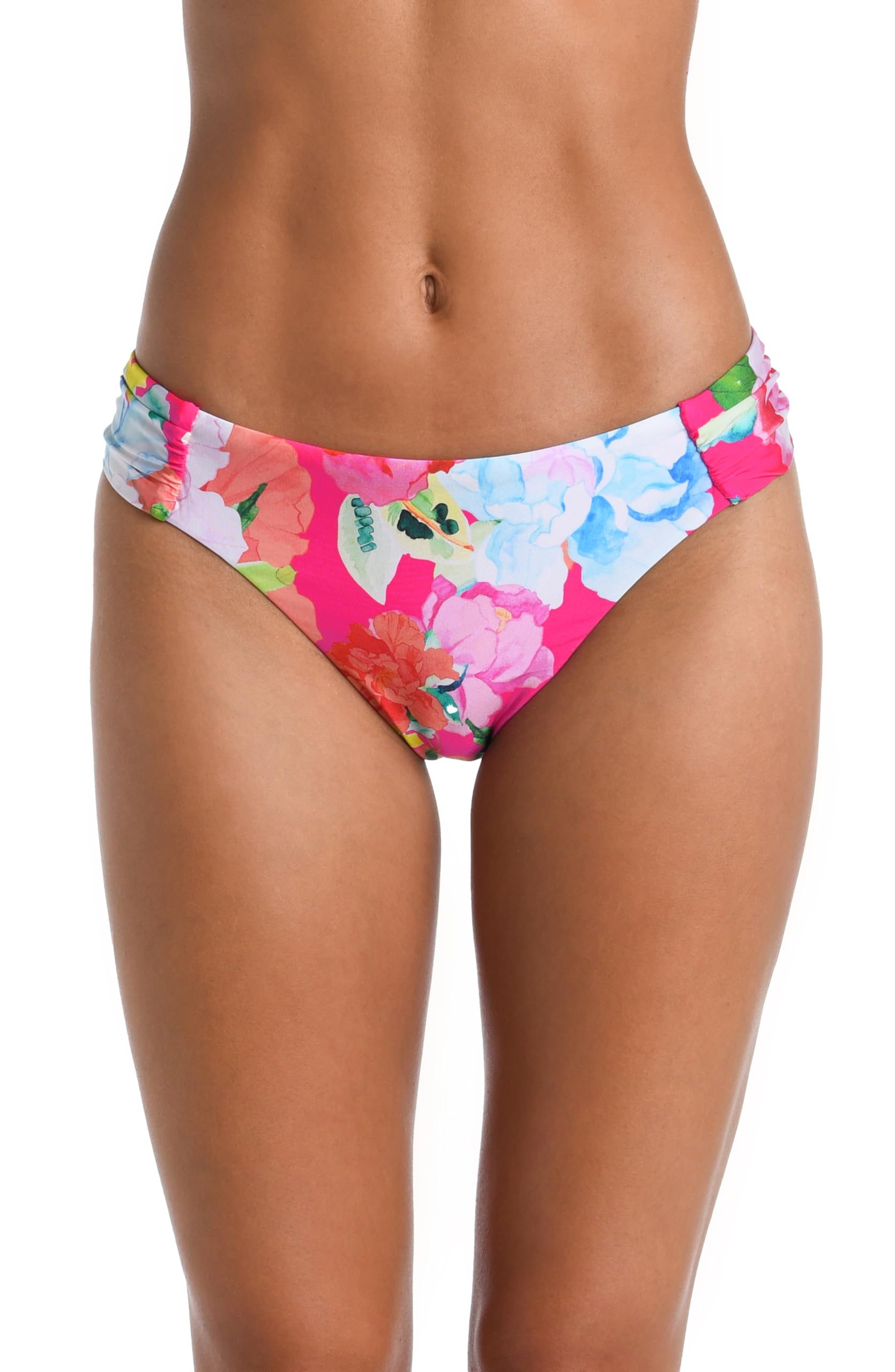 Sunshine 79 Women’s Standard Side Shirred Hipster Bikini Swimsuit Bottom, Bright Pink//Expressive Garden
