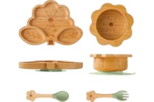 MingHoYo Bamboo Suction Plates Bowls Set for Baby Toddler - Includes Bamboo Bowl, Divided Plate, Silicone Fork & Spoon, All-Natural Baby Feeding Set for Baby-Led Weaning