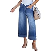 GRAPENT Wide Leg Jeans for Women High Waisted Stretchy Denim Crop Pants Fold Hem Cropped Baggy Jeans with Pockets