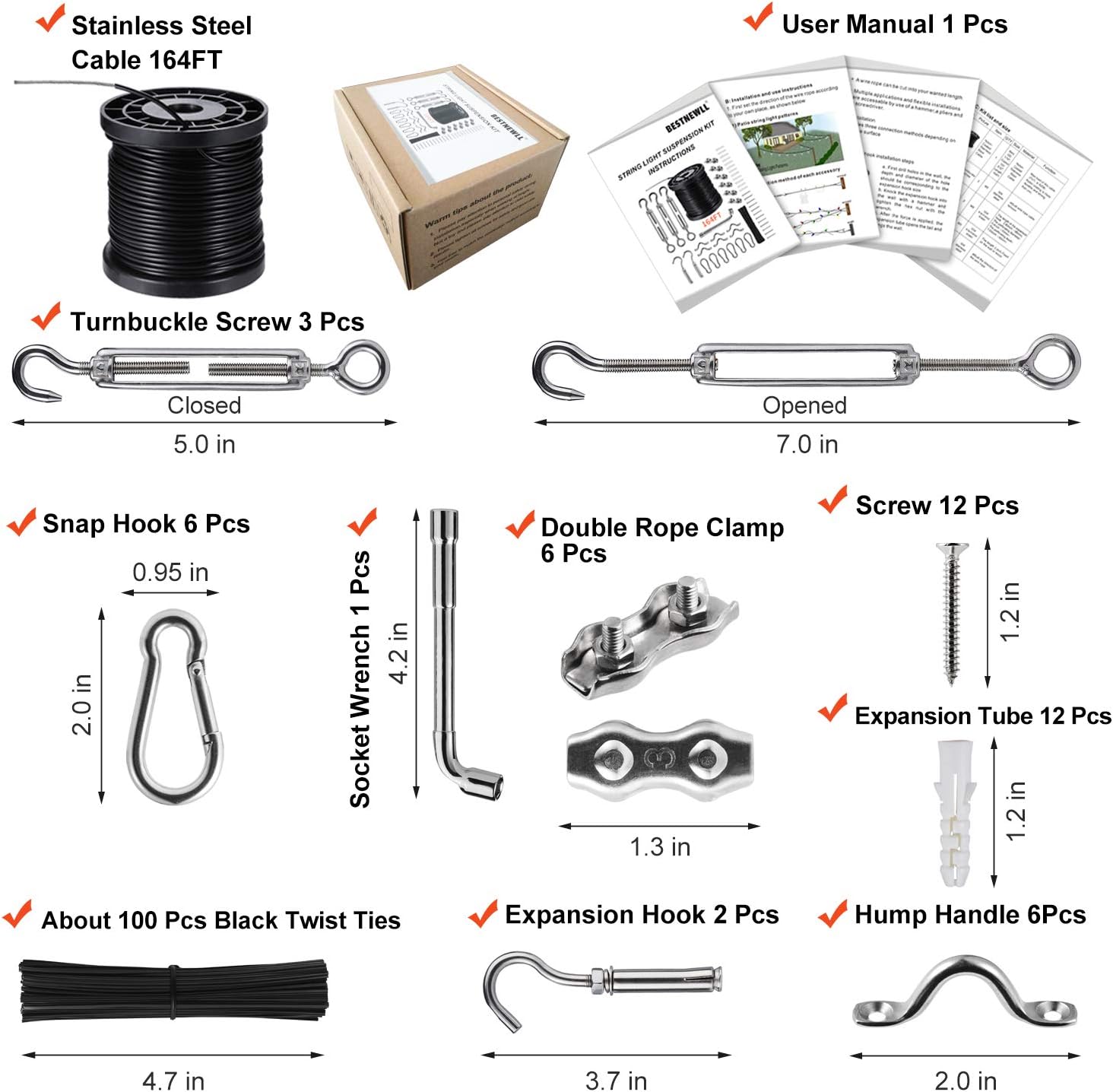 String Lights Hanging Kit, Globe String Lights Suspension Kit, Outdoor Light Guide Wire, Includ 164 FT Nylon-Coated Stainless Steel Wire Rope Cable, Turnbuckle and Hooks, Enough Accessories, Use Manual : Garden & Outdoor