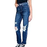 Judy-B Women's Casual Jeans High-Waisted Rigid Magic Heavy Destroy Straight Denim Pants Dark Blue with Ripped Details