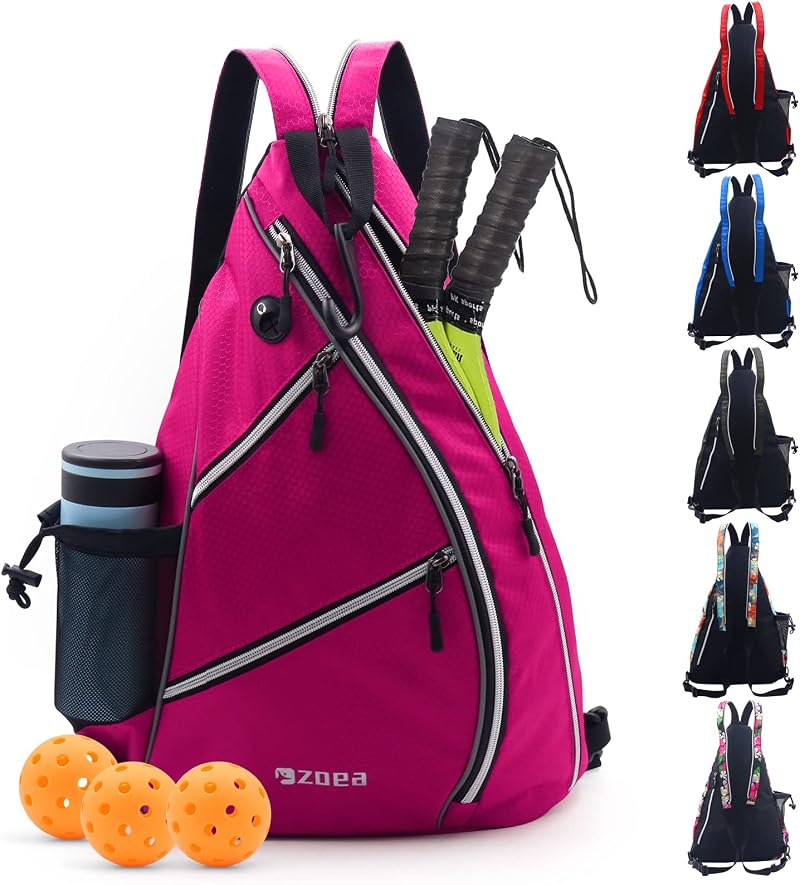 ZOEA Rose Red Pickleball Backpack Sling Bag with Fence Hook Water Bottle Holder