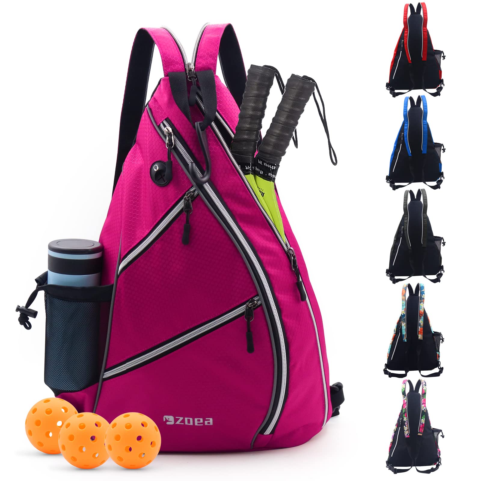 ZOEA Pickleball Bag, Sport Pickleball Sling Bag for Women Man, Adjustable Pickleball Backpack with Fence Hook Water Bottle Holder, Fits 4 Paddles and All Your Other Gear (Rose Red)