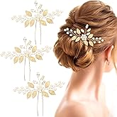UHONEMY 3pcs Bridal Wedding Hair Pins with Crystal Pearl Vintage Golden Leaf Headpiece Flower Rhinestone Hair Clips for Bridal Wedding Women Girl Hair Styling Accessories