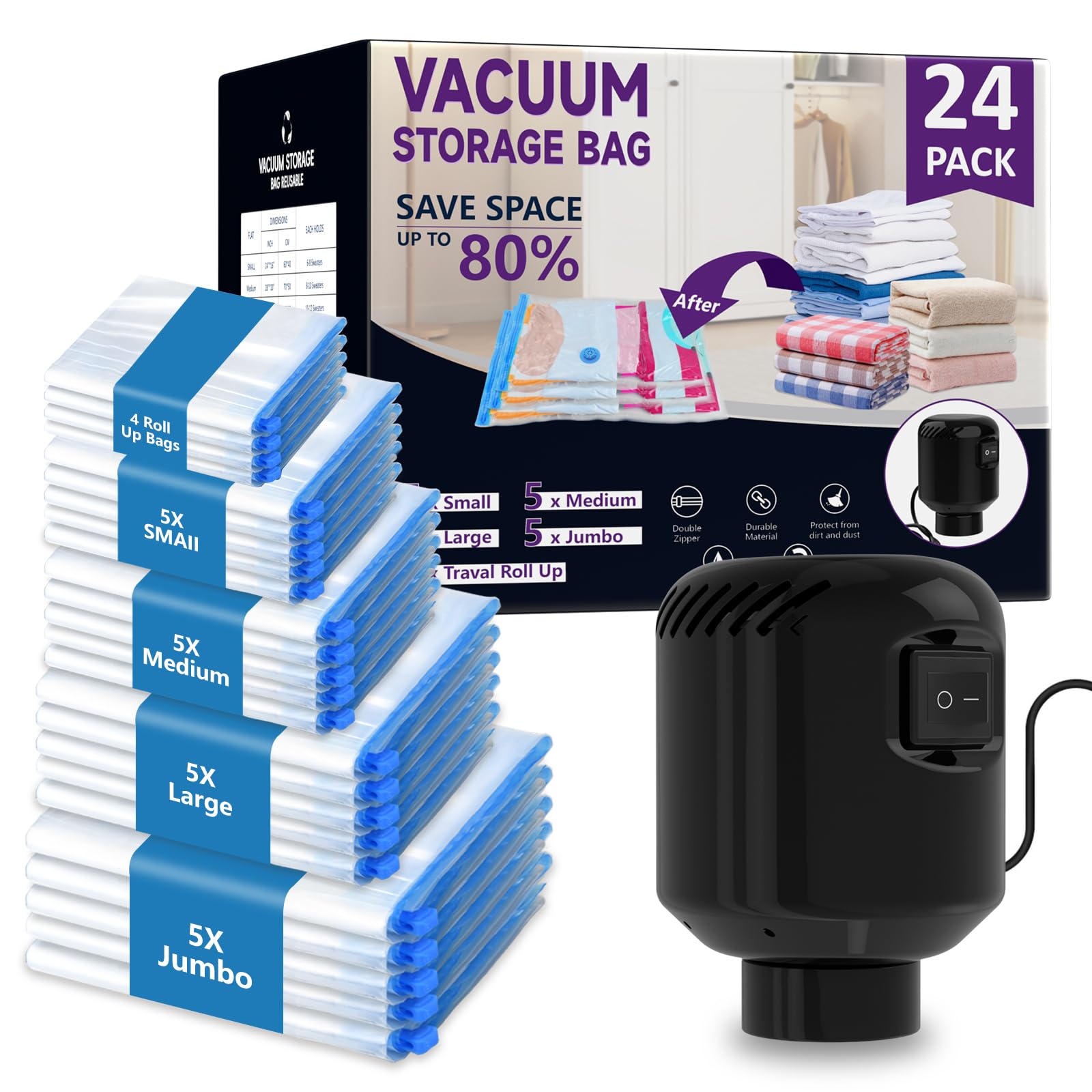 Photo 1 of Morecoo 24Pack Vacuum Storage Bags with Electric Pump & New Air Valve, Space Saver Compression Bags for Clothes, Comforters, and Travel Essentials – Includes Jumbo, Large, Medium, Small & Roll-Up Bags