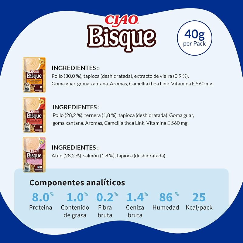 Ciao Bisque, Multipack Pollo, Ternera, Atún y Salmón, 960g (24 x 40g)