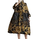 ellazhu Women's Printed Patchwork Mock Neck Flared Cuffs Dress GZ94 A