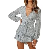Relipop Womens Floral Print Romper V Neck Long Sleeve Double Layer Ruffle Hem Shorts Jumpsuit 2026 Beach Vacation Outfits