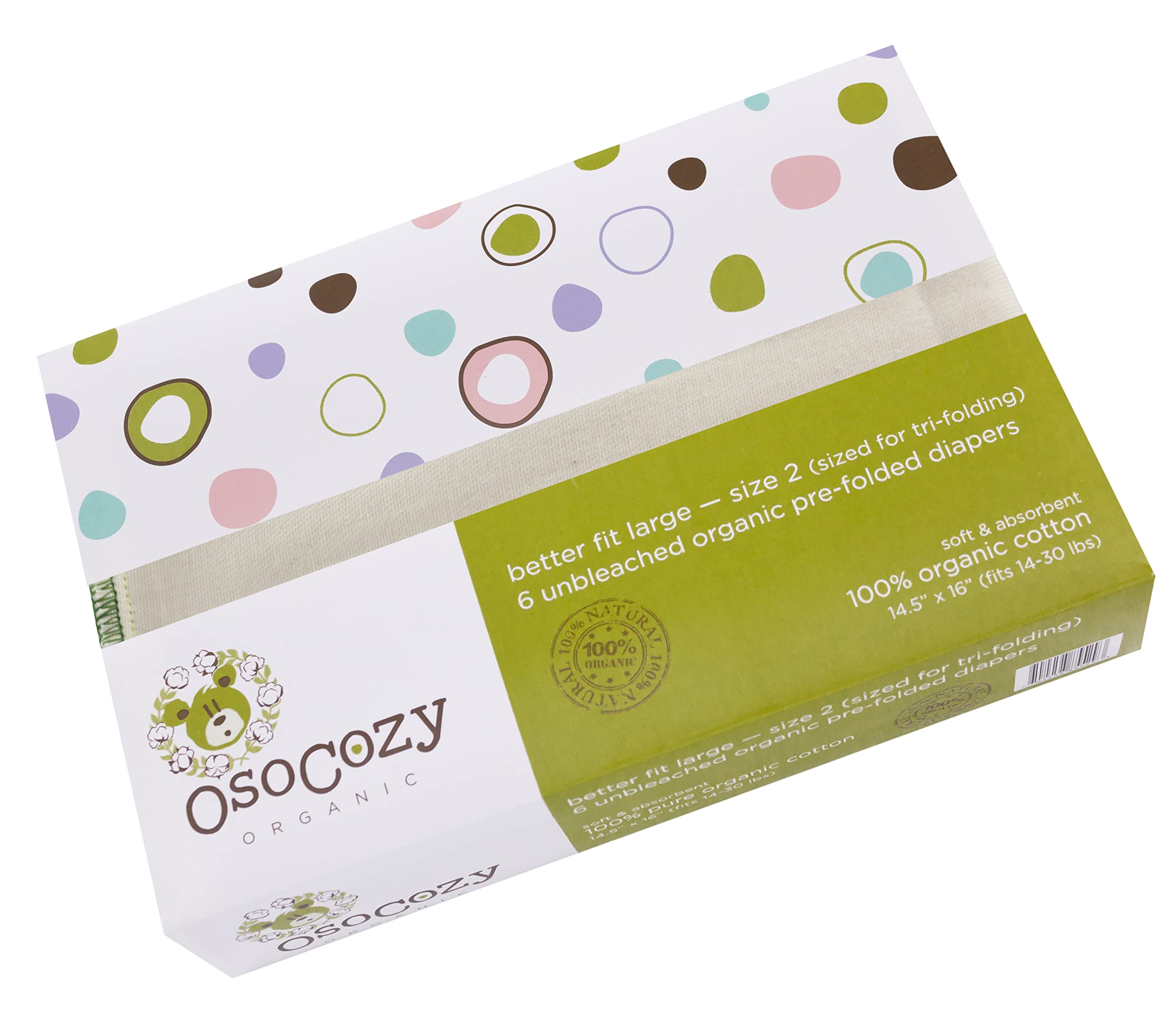 Photo 1 of OsoCozy Organic Cotton Prefold Cloth Diapers Better Fit Large 4x8x4 Layering (6pk) - Super-Soft, Thick, Absorbent and Durable. Unbleached Natural Color. Fits 14-30 lbs.
