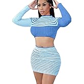 LAXiMU Women's Piece Outfits Long Sleeve Splicing Leisure Stripe Suits Crop Top Bodycon Sweater Mini Skirt Set