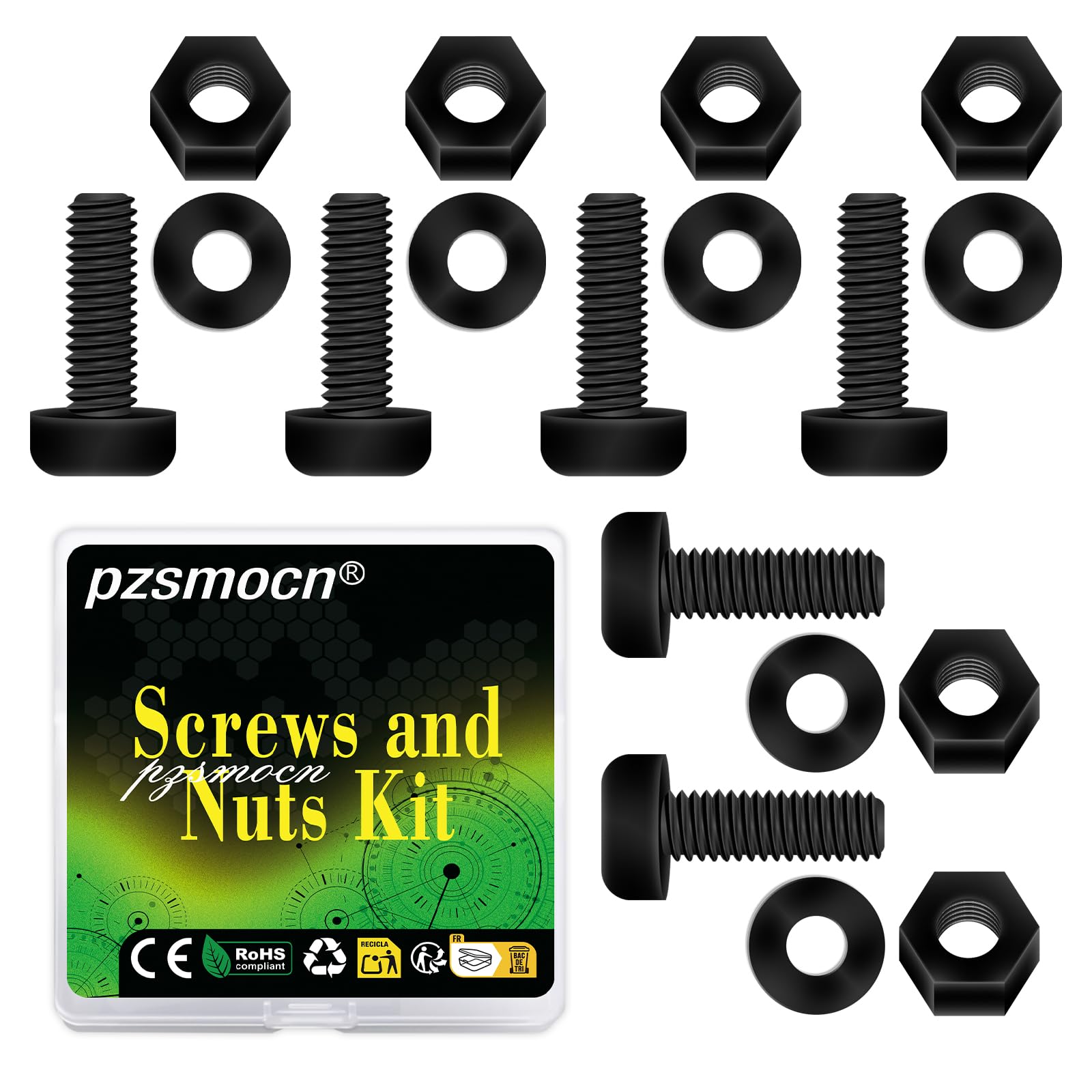 Pzsmocn 300 Pieces/100 Sets M2.5 * 12 mm Plastic Black Nylon Cross Round Head Screw Hexagonal Nut Combination Kit, with Insulating Washers, Standard Size, For DIY and Electronic Assembly. — image 1
