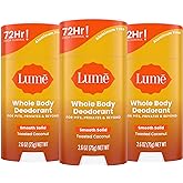 Lume Whole Body Deodorant - Smooth Solid Stick - 72 Hour Odor Control - Aluminum Free, Baking Soda Free and Skin Loving - 2.6 Ounce (Pack of 3) (Toasted Coconut)