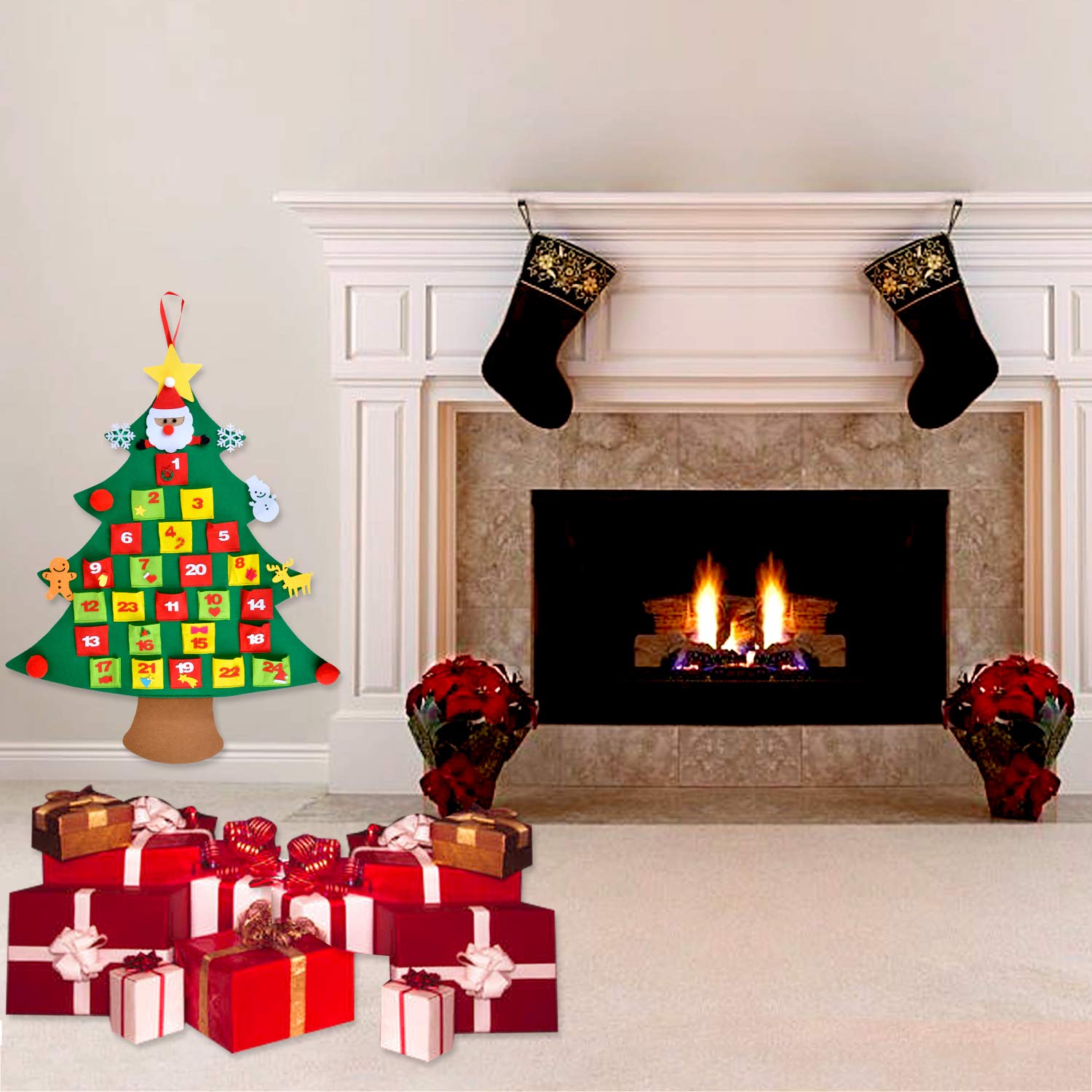Coxeer Felt Christmas Tree Advent Calendar Pocket Count Down Calendar DIY Xmas Wall Hanging Tree Calendars with 10 PCS Ornaments Gift for Kids Christmas Decorations