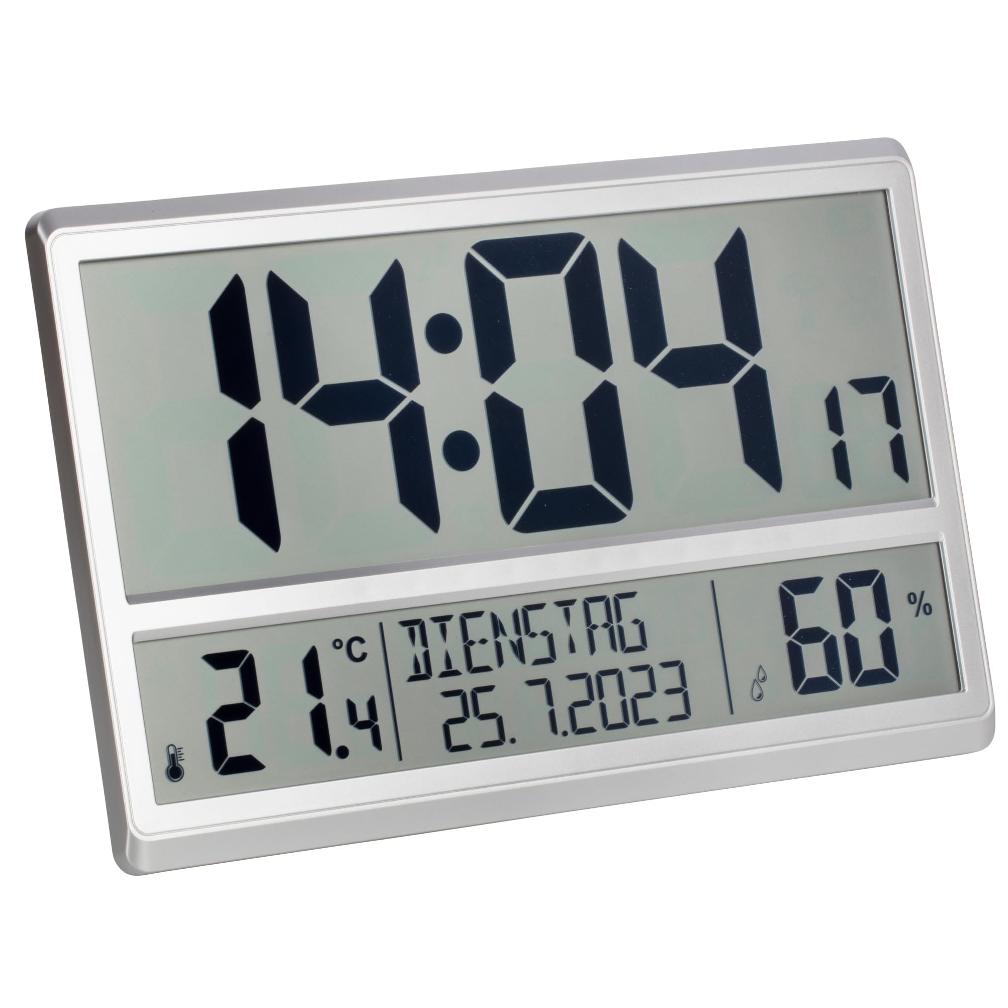 TFA Dostmann XL Digital Wall Clock 60.4520.54 with Temperature and Humidity, Weekday (8 Languages), Radio-Controlled Clock, Easy to Read, Large, Silver, (L) 360 x (W) 235 x (H) 28 (84) mm