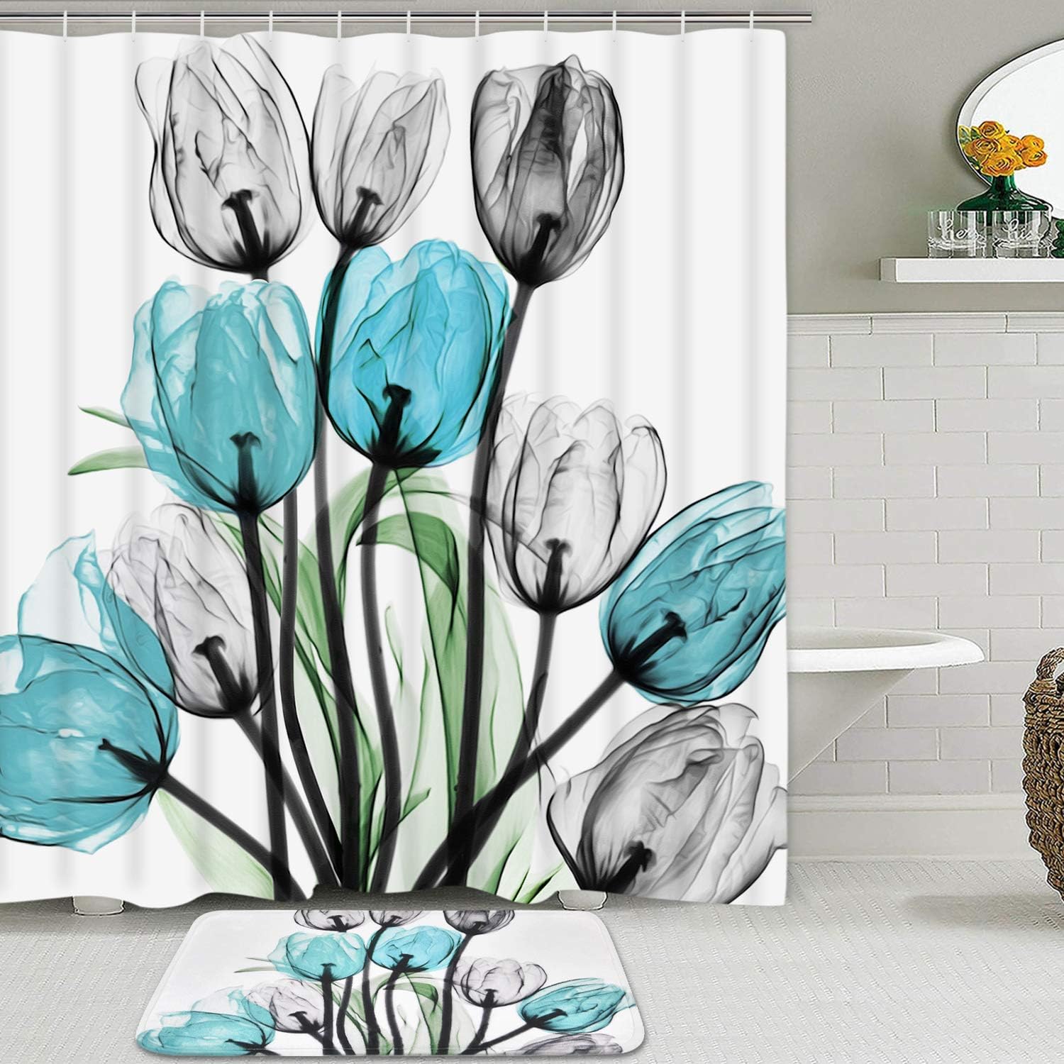Claswcalor 2 Pcs Tulip Flowers Shower Curtain Sets with Non-Slip Rugs, Colorful Tulip Flowers Curtain with 12 Hooks, Durable Waterproof Shower Curtain